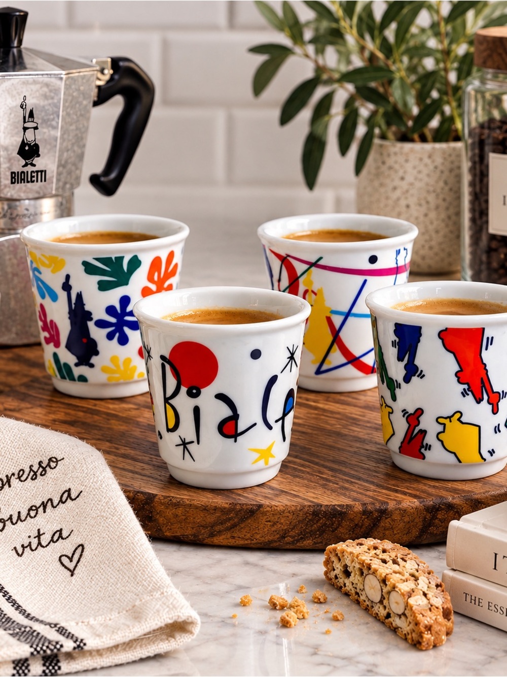 Bialetti Porcellana Espresso Cups Set of 4 Colorful Italian Art Demitasse